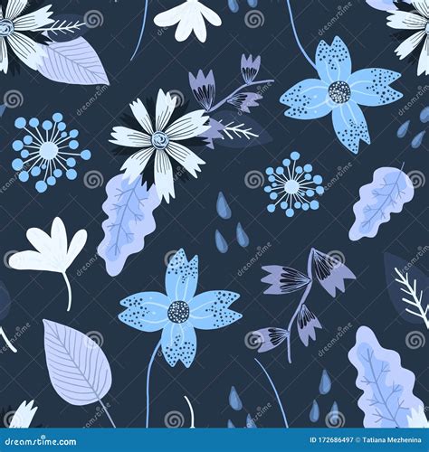 Dark Blue Floral Pattern With Flowers And Leaves Stock Vector