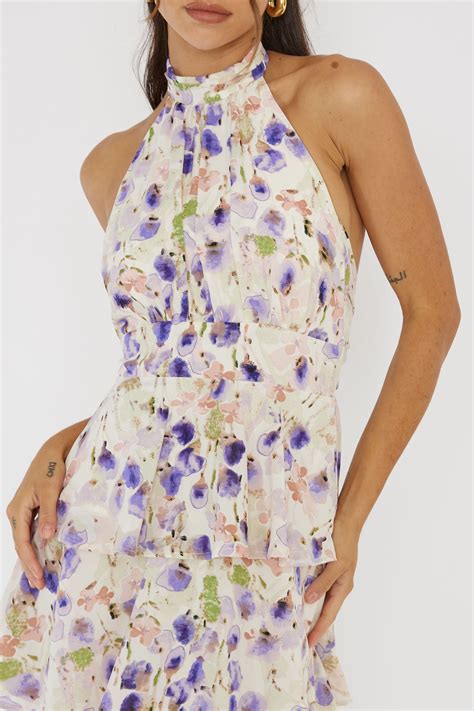 Shop The Provence Bloom Tiered Halterneck Dress Blue Selfie Leslie