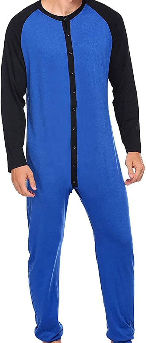 N C Herren Einteiler Pyjama Langarm Button Down Open Front Jumpsuit Nachtwäsche Color Block