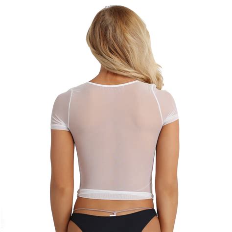 Sexy Women S Mesh See Through Short Sleeve Crop Tops Casual T Shirt Tee