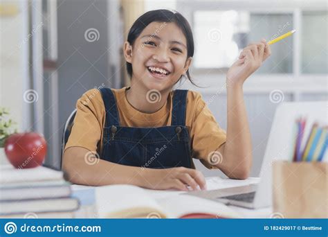 Happy Asian Girl Learning Online At Home Stock Image Image Of