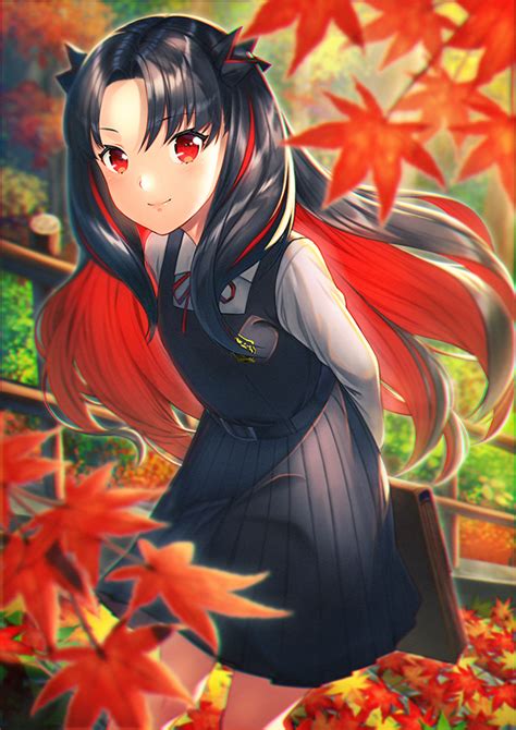 Safebooru 1girl Arms Behind Back Autumn Autumn Leaves Bangs Belt Buckle Black Dress Black Hair