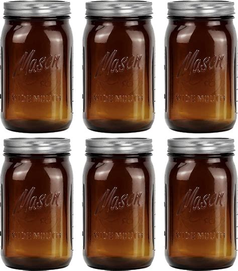 Tebery 6 Pack Amber Wide Mouth Quart Mason Jars 32oz Canning Glass Jars With Airtight Lids And