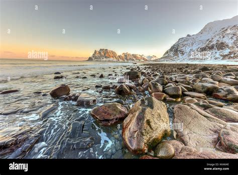 Dawn At Utakleiv Beach Lofoten Islands Norway In The Winter Stock