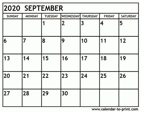 Calendar Of 2020 September Calendar Printables Free Templates