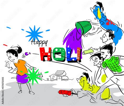 Illustration Of Happy Holi Cartoon Young People Playing Holi Stock