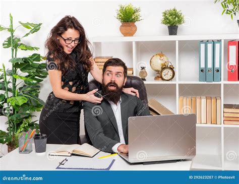 Tricky Girl Scare Bearded Man Cutting Beard With Scissors At Workplace