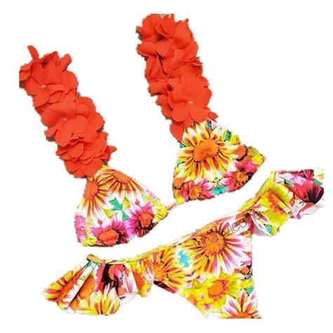 Itfabs Women Sexy Floral Print Flower Tapes Bikini Set Push Up Padded