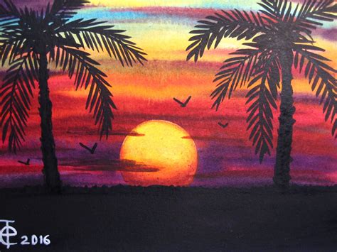 Beach Sunset With Palm Trees Painting Photos Cantik