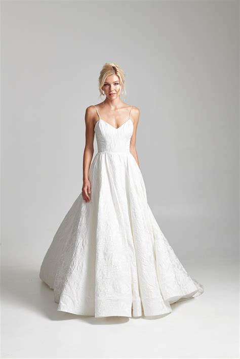 spaghetti strap sweetheart neckline floral jacquard ball gown wedding dress kleinfeld bridal