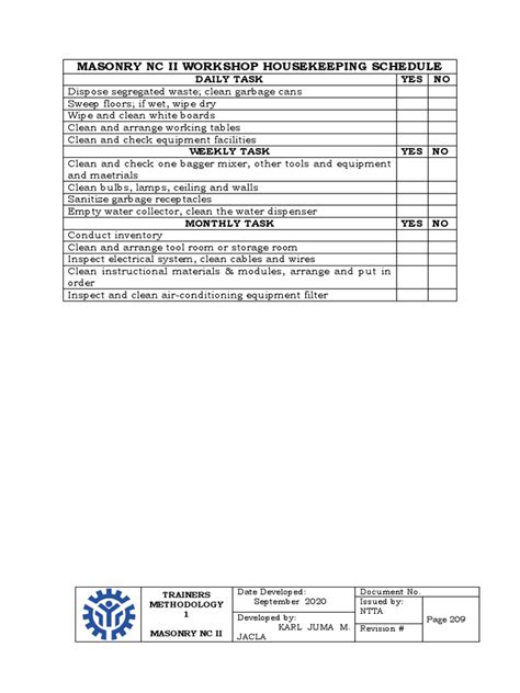 3 Workshop Housekeeping Schedule