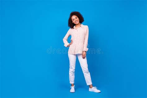 Full Body Portrait Of Pretty Satisfied Person Put Hand Waist Posing On