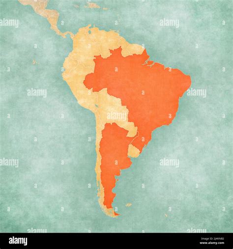 Brazil And Argentina On The Map Of South America In Soft Grunge And