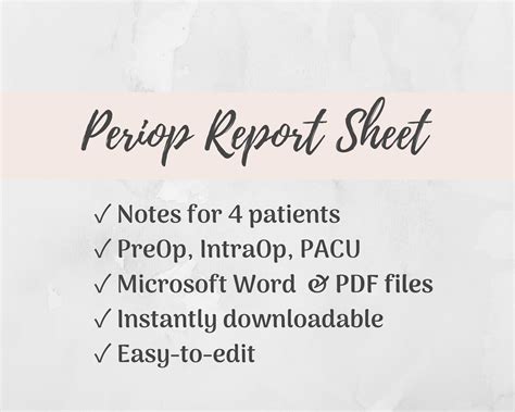 Preop Pacu Nurse Report Sheet For 4 Patients Periop Preop Etsy