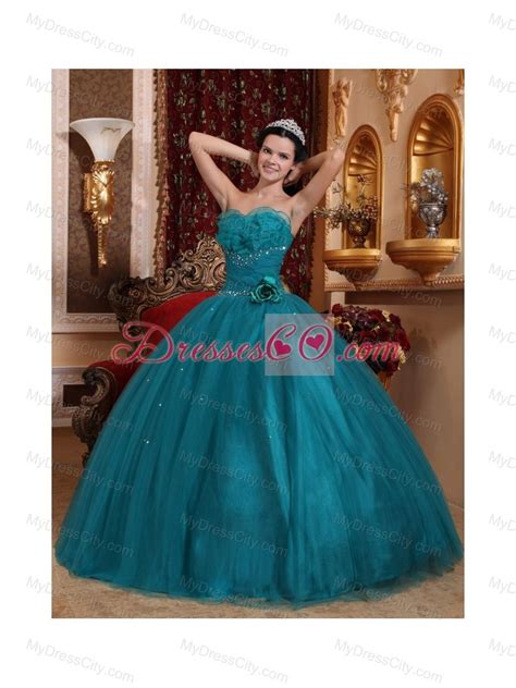 Teal Ball Gown Sweetheart Floor Length Tulle Beading Quinceanera Dress