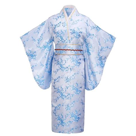 Light Blue Japanese Women Traditional Kimono With Obi Vintage Evening Dress Performance Dance