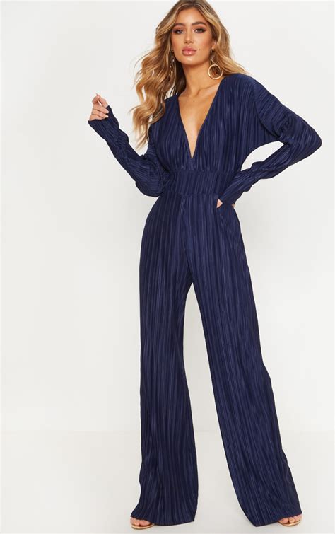 Navy Long Sleeve Pleated Jumpsuit Prettylittlething Usa