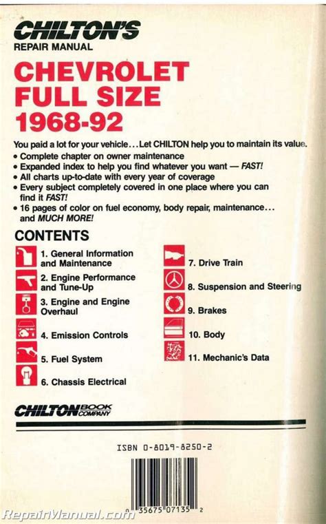 Used Chilton Chevrolet Full Size Cars 1968 1992 Repair Manual