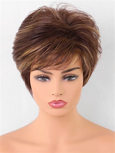 Inclined Bang Short Colormix Straight Synthetic Wig Hair Stiles Cheap Wigs Wigs For Sale