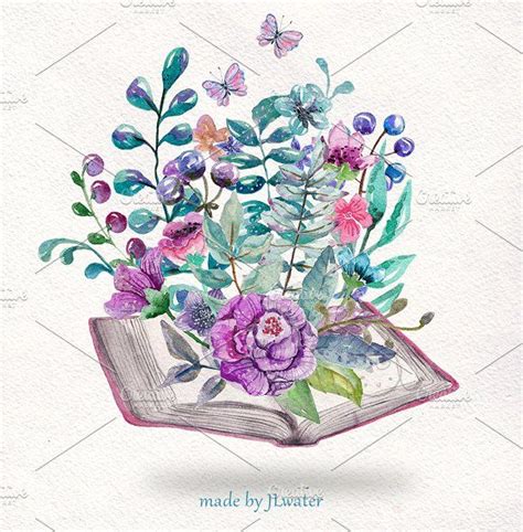 Flowers And Books By Janelane On Creativemarket Watercolor Drawing