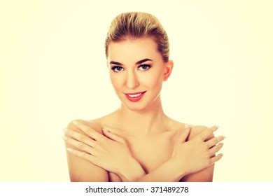 Beautiful Topless Woman Covered Her Breast Stock Photo
