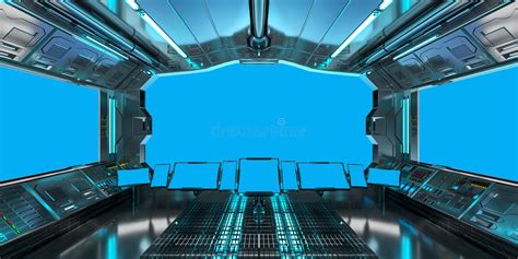 Spaceship Interior With View On Blue Windows 3d Rendering Stock