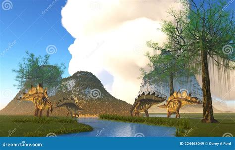 Stegosaurus Dinosaur River Stock Illustration Illustration Of
