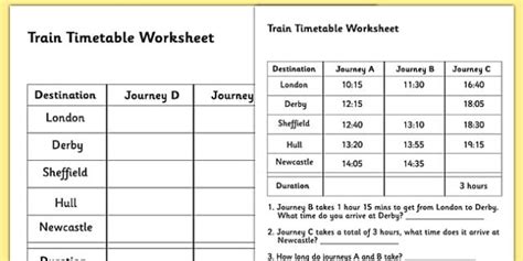 Train Timetable Worksheet - timetables, reading timetables
