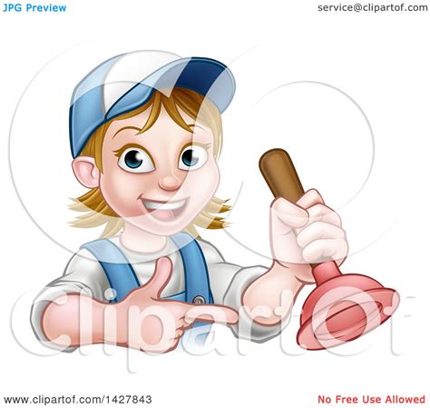 Clipart Of A Cartoon Happy White Female Plumber Holding A Plunger And