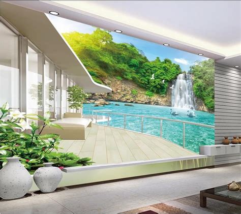 Moderne Wand 3d Wandbilder Tapete Schönen Wasserfall Landschaft Balkon