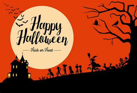 Halloween Background Silhouette Of Children Going Trick Or