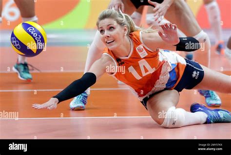 Netherlands Laura Dijkema Is Unable To Reach A Ball During A Women S Preliminary Volleyball