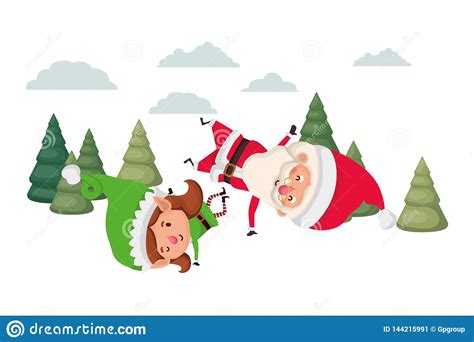 Santa Claus With Elf Woman Moving With Christmas Trees Stock Vector Illustration Of Modern
