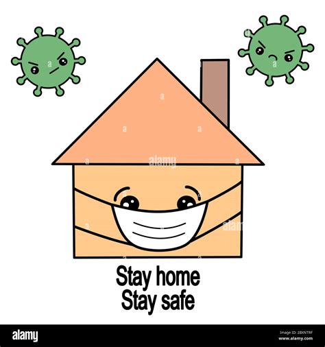Stay Home Stay Safe Cartoon Vector Quote With Home With Medical Mask