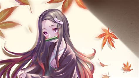 demon slayer nezuko kamado with background of falling dry leaves 4k hd anime wallpapers hd