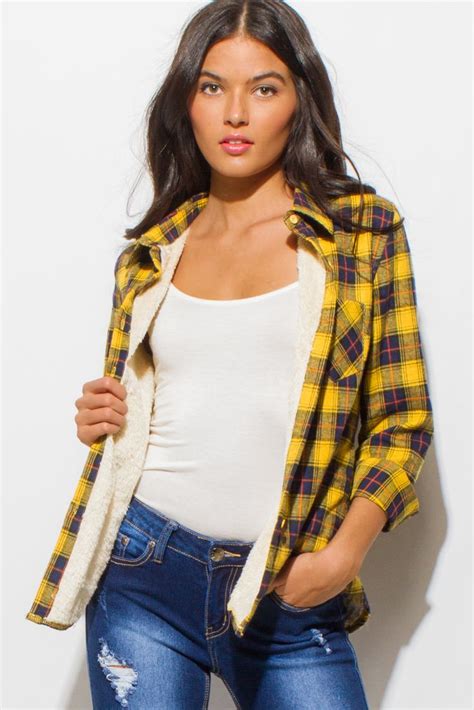 Shop Mustard Yellow Checker Plaid Fleece Lined Long Sleeve Button Up Flannel Top Ladies Tops