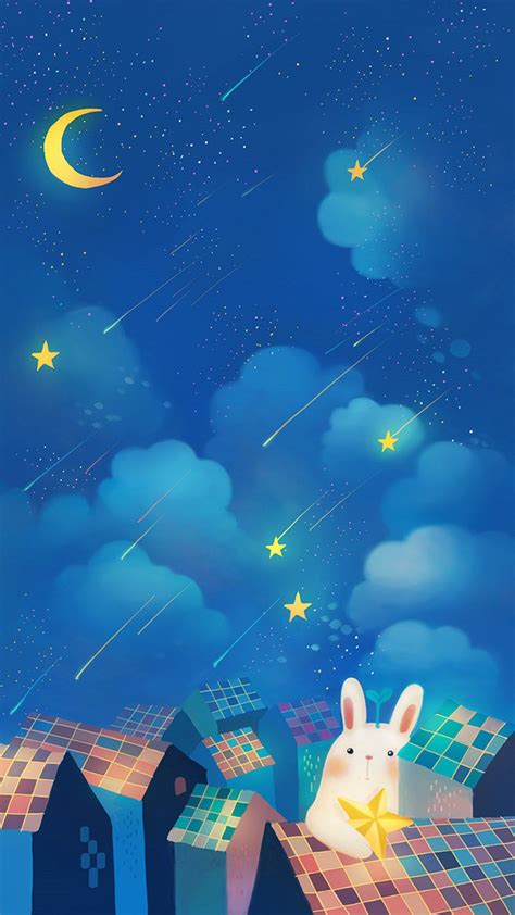 Romantic Night Moon Star Clouds Sky Rabbit House Top