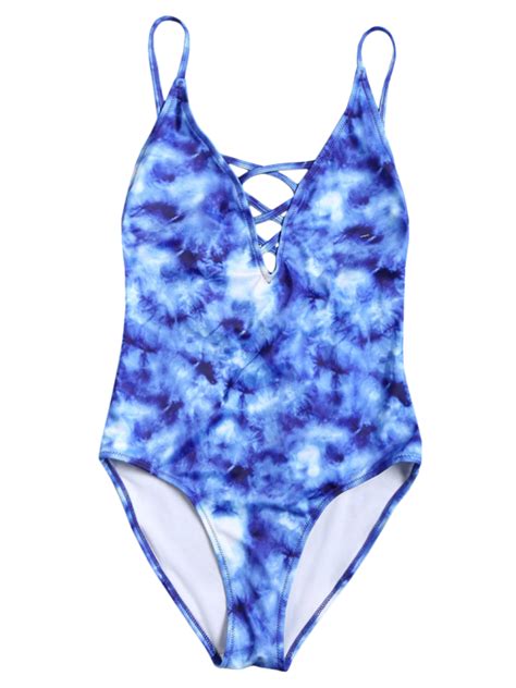 Backless Tie Dye Lace Up One Piece Swimsuit Blue Piece Swimsuit One