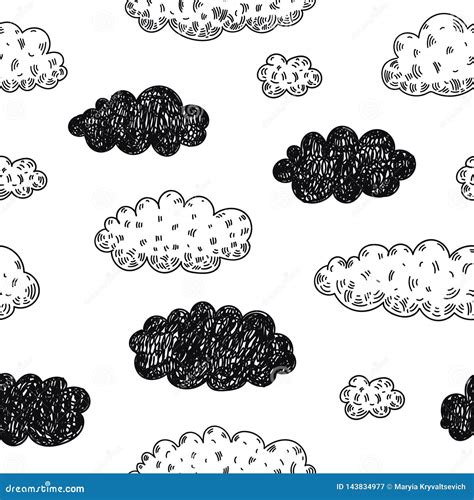 Vector Seamless Doodle Clouds Pattern Weather Forecast Rainy Day