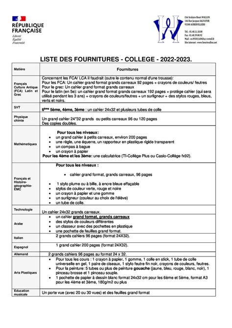 Liste Des Fournitures Collège 20222023