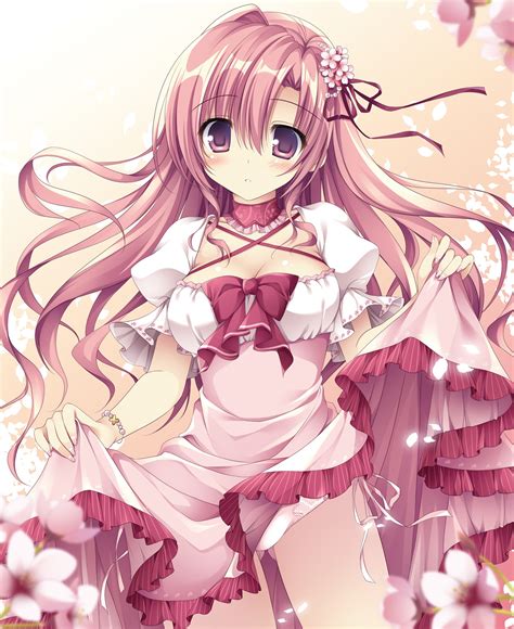 Wallpaper Illustration Long Hair Anime Girls Dress Cleavage Pink