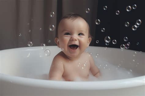 Premium Ai Image Happy Laughing Baby Takes A Bath Playing With Foam