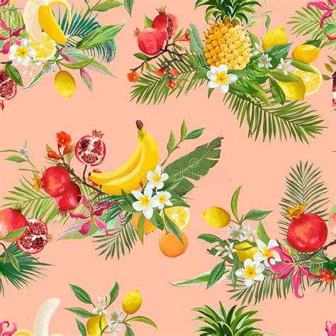 Seamless Tropical Fruits Pattern Exotic Background With
