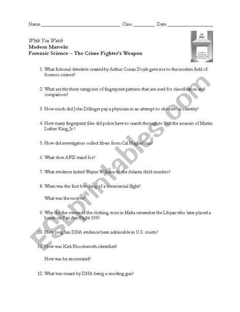 Forensic science is an occupation found all over the world, and it aims to resolve civil disputes, to justly enforce criminal laws and government regulations, and to protect public health. English worksheets: While You Watch Modern Marvels ...