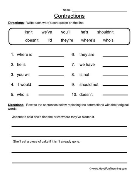 Second Grade Contractions Worksheet Sixteenth Streets