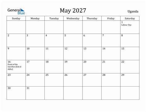 May 2027 Monthly Calendar With Uganda Holidays