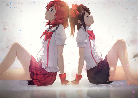 2girls Barefoot Black Hair Blush Bow Gloves Love Live School Idol