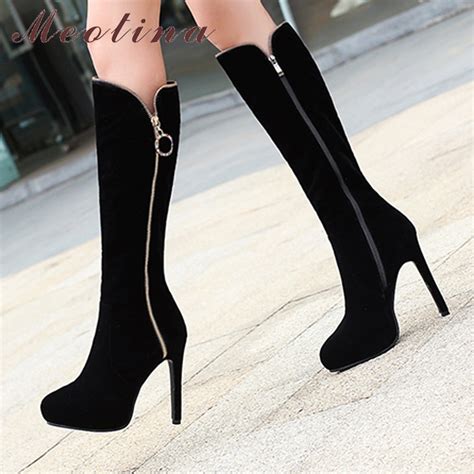 Meotina Winter Knee High Boots Women Platform High Heels Boots Zipper Ladies Long Boots Thin