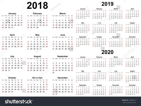 Three Year Calendar 2018 2019 2020 Stock Vector Royalty Free 703206211