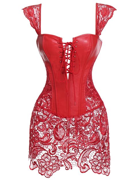 Vaslanda Faux Leather Steampunk Corset Dress Sexy Hollow Lace Bustier Skirt Overbust Shoulder